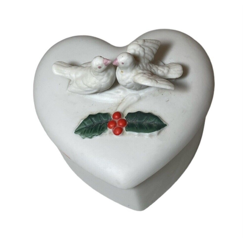 Porcelain Heart-Shaped Signed Candle Dish Lovebirds Christmas 4 x 4 Original Box